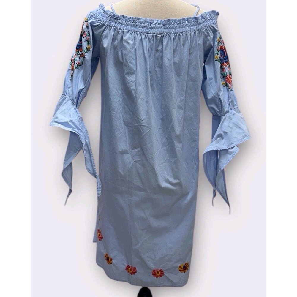 Vadim Womans‎ L Blue Floral Embroidered Off The Shoulder Dress Romantic Summer - Picture 3 of 10